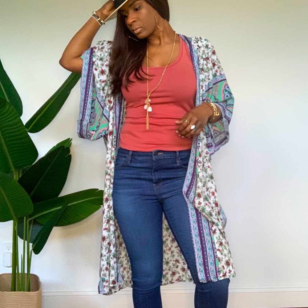 Floral print ruffle sleeve midi Kimono
